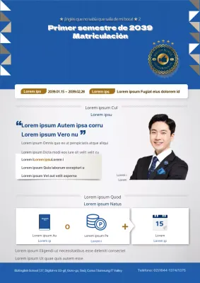 Un colorido folleto azul para una escuela de inglés