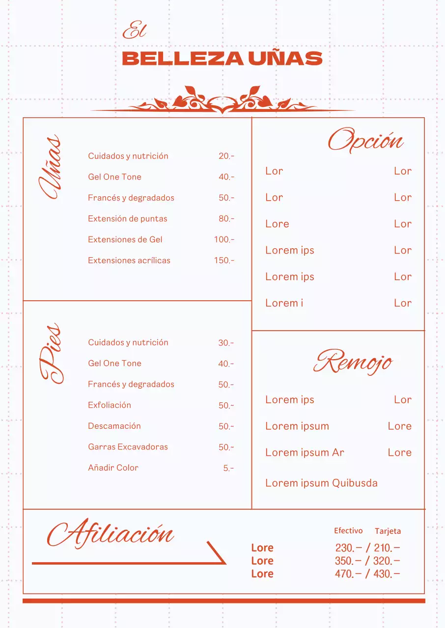 Tablero de menú de salón de manicura con líneas rojas