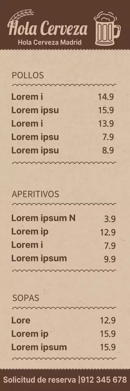 Guía de menús para una cervecería de concepto sencillo en colores marrón y marrón claro