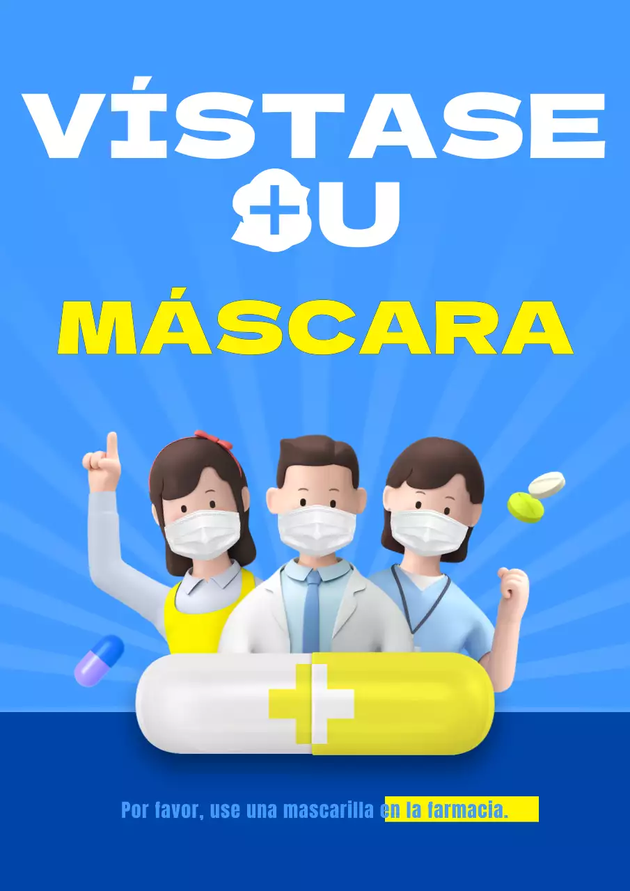 Recomendación para usar una máscara en las farmacias con azul amarillo lindo concepto ilustración 3D