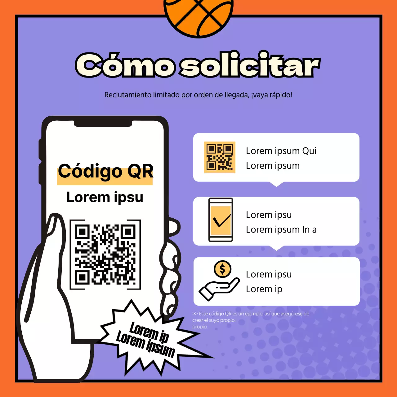 Reclutamiento para un club de baloncesto divertido, kitsch, naranja y de dibujos animados.