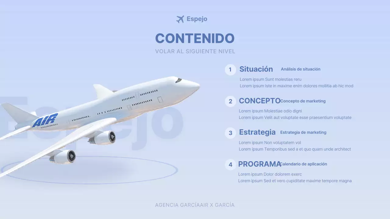 Concepto de avión tridimensional azul claro brief publicitario de aerolínea