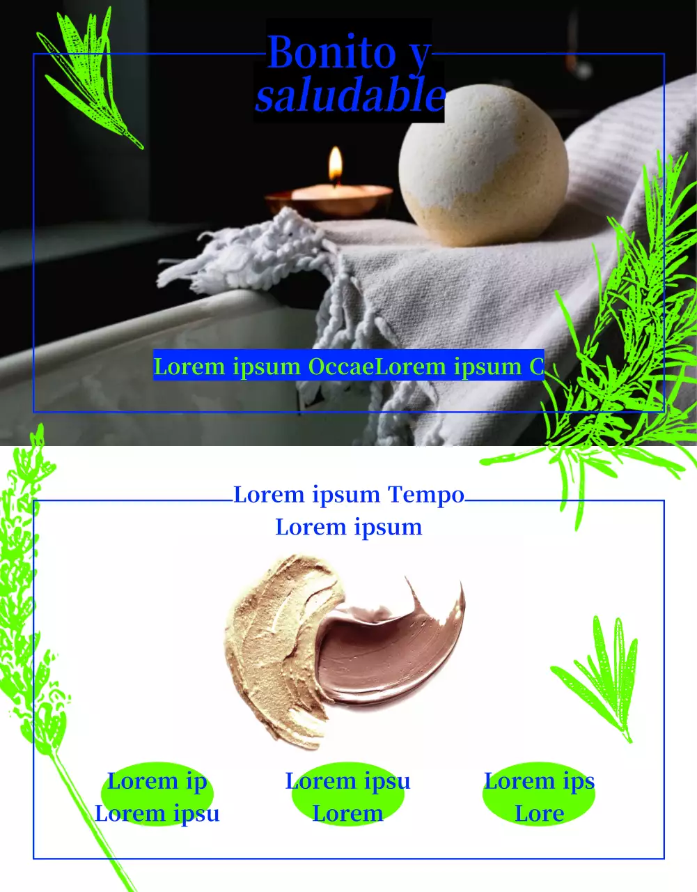 Baño de burbujas prenatural con dibujo de líneas de hierbas en verde y azul neón