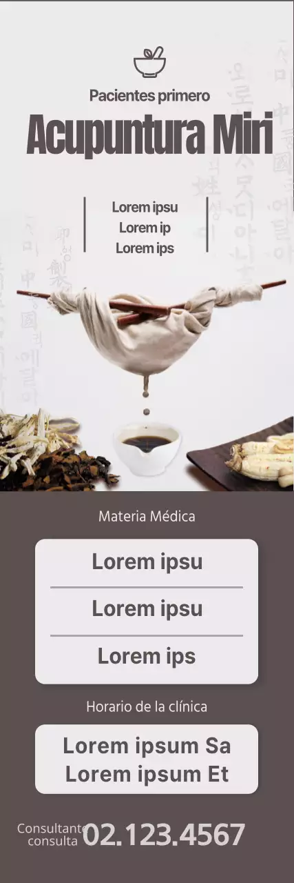 Un concepto sencillo en negro, marrón y gris pálido para la clínica de medicina oriental