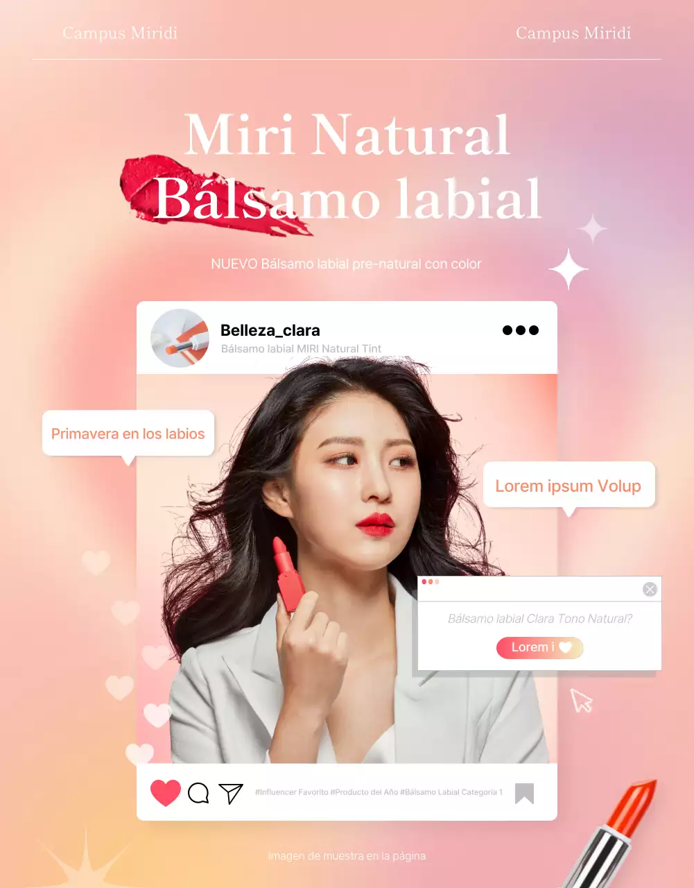 Página de lanzamiento de belleza en la que se destacan modelos de pintalabios rosas y conceptos de Instagram
