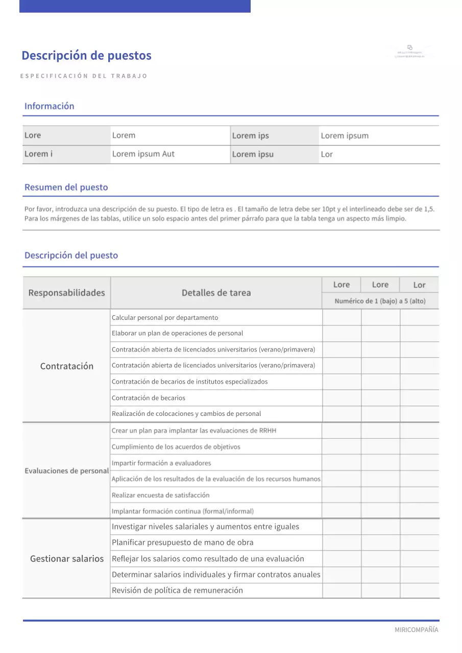Concepto de descripción de puesto de trabajo con énfasis en líneas sencillas en azul marino y negro