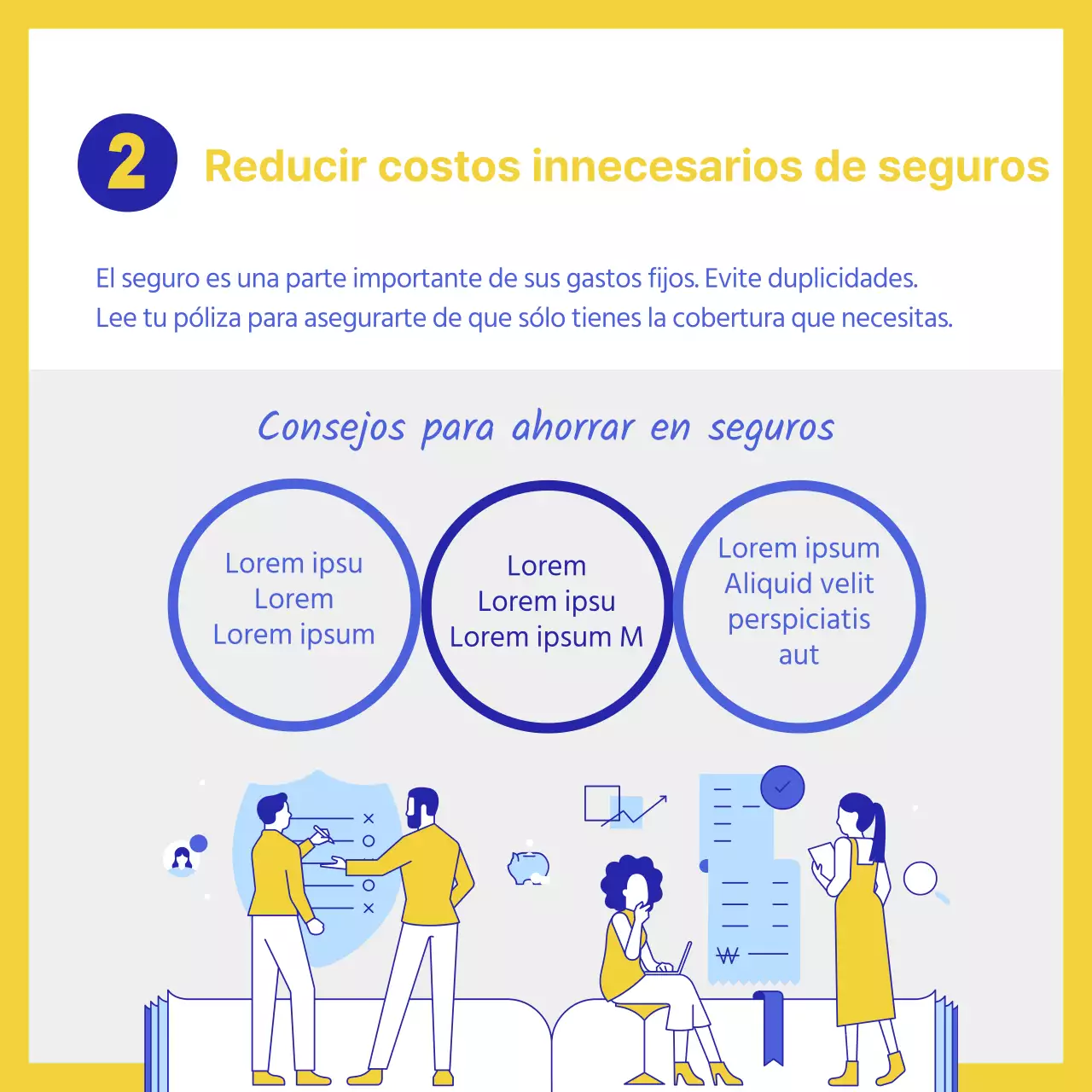 Sencillos consejos financieros explicados en azul y amarillo