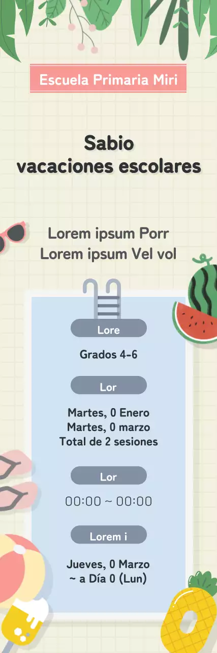 Presentación de un evento escolar con ambiente de piscina de verano en amarillo y azul claro