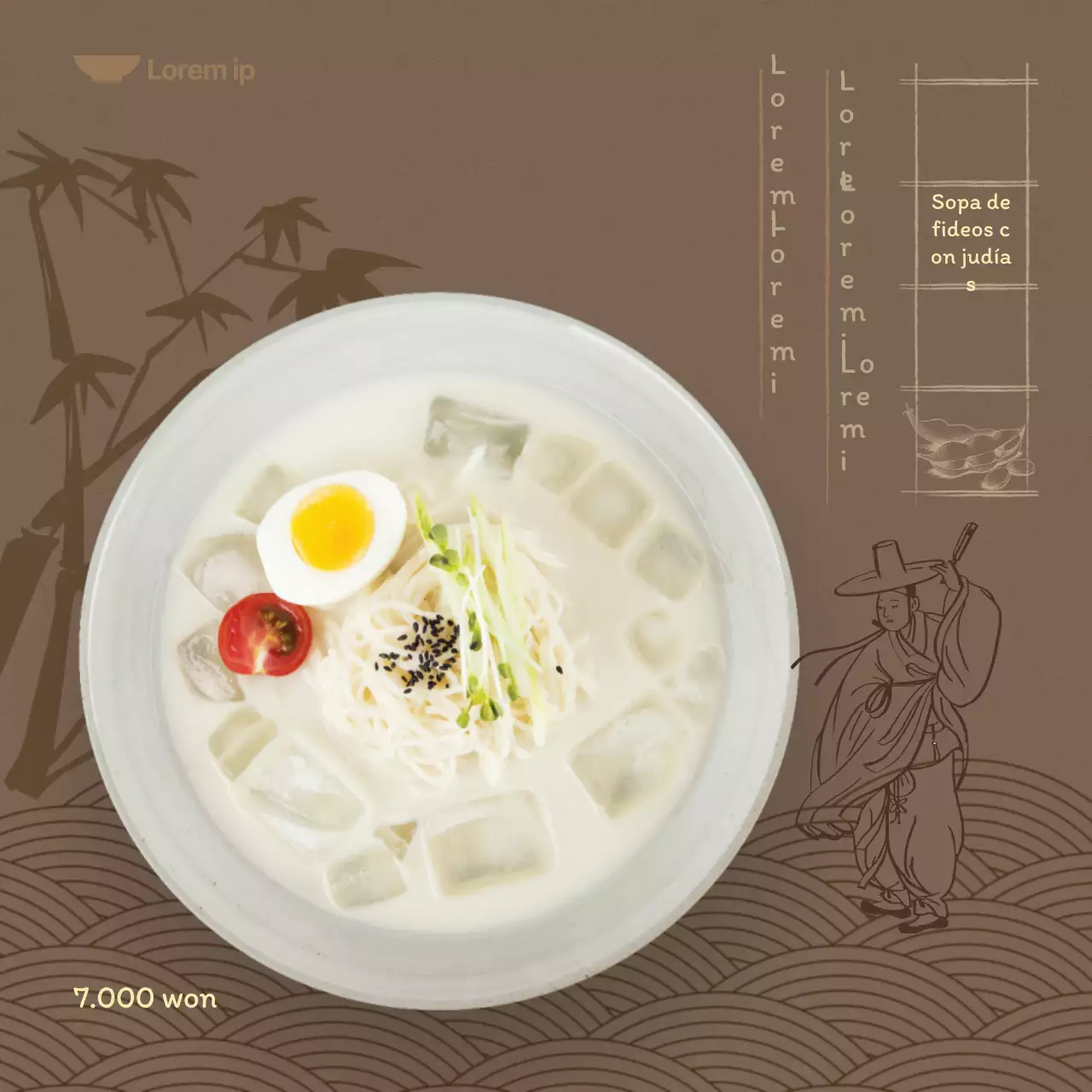  Menú de verano con fondo marrón oscuro e ilustraciones orientales