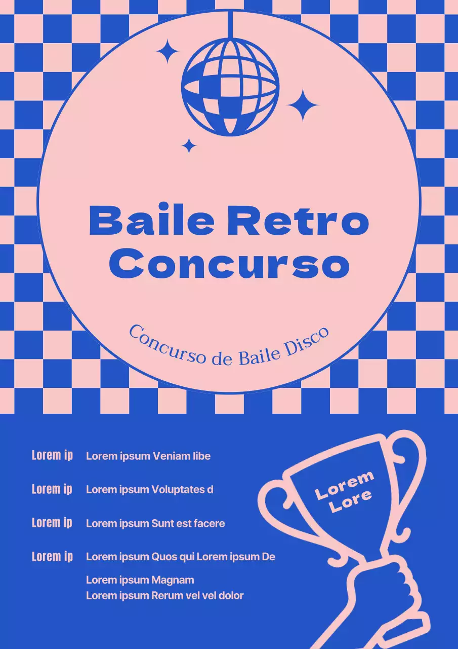 Cartel promocional de un concurso de baile retro en azul y rosa.