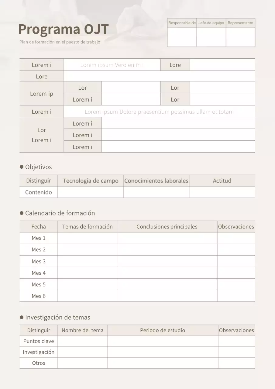 beige plan de formación OJT calendario de formación formación de nuevos empleados orientación para la presentación de informes plantilla de documento de la empresa