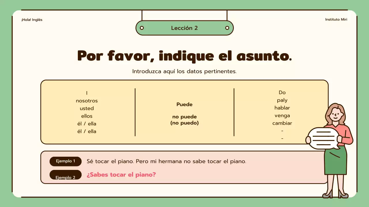 Lecciones de inglés con simpáticas ilustraciones en beige y verde