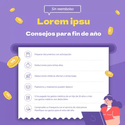 Consejos fiscales para fin de año destacados con ilustraciones sobre fondo morado
