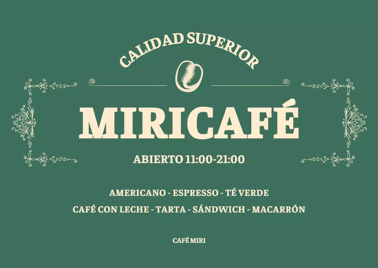 Horario de apertura de esta cafetería de lujo de marco conceptual verde y amarillo