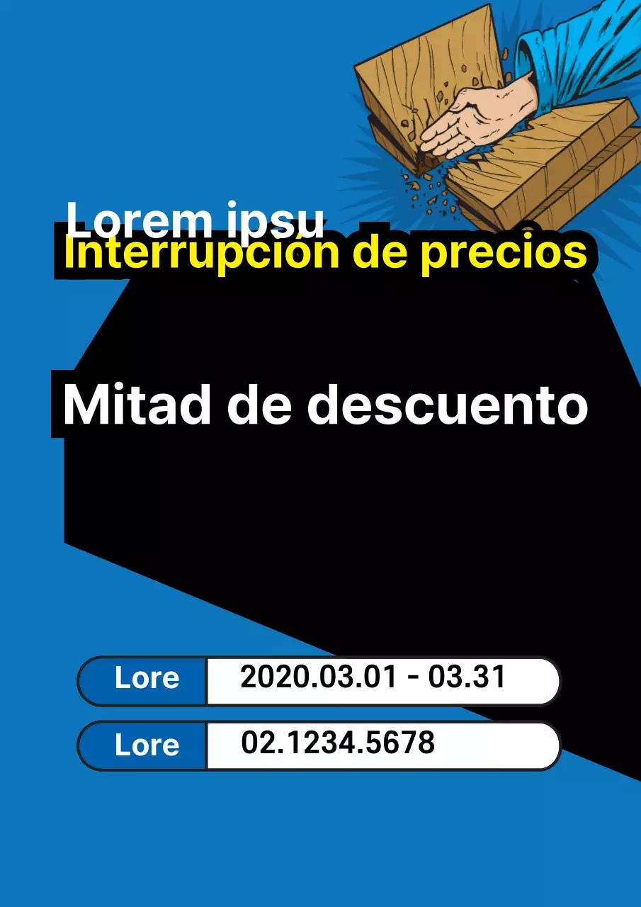 Folleto para promocionar una venta con motivo de la inauguración, con sencillos toques de azul y amarillo.