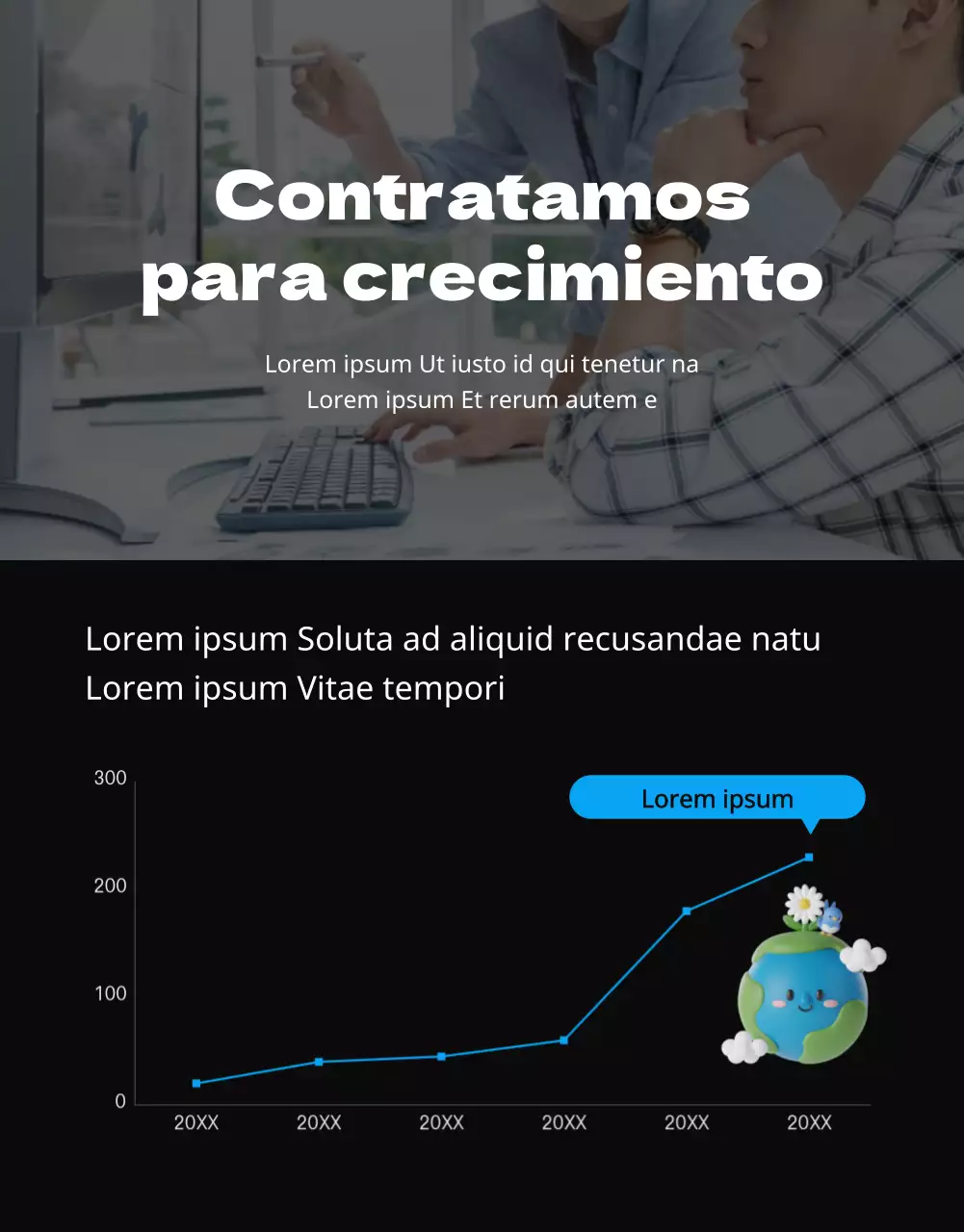 Azul y negro, concepto de folleto sencillo y limpio para la contratación de becarios