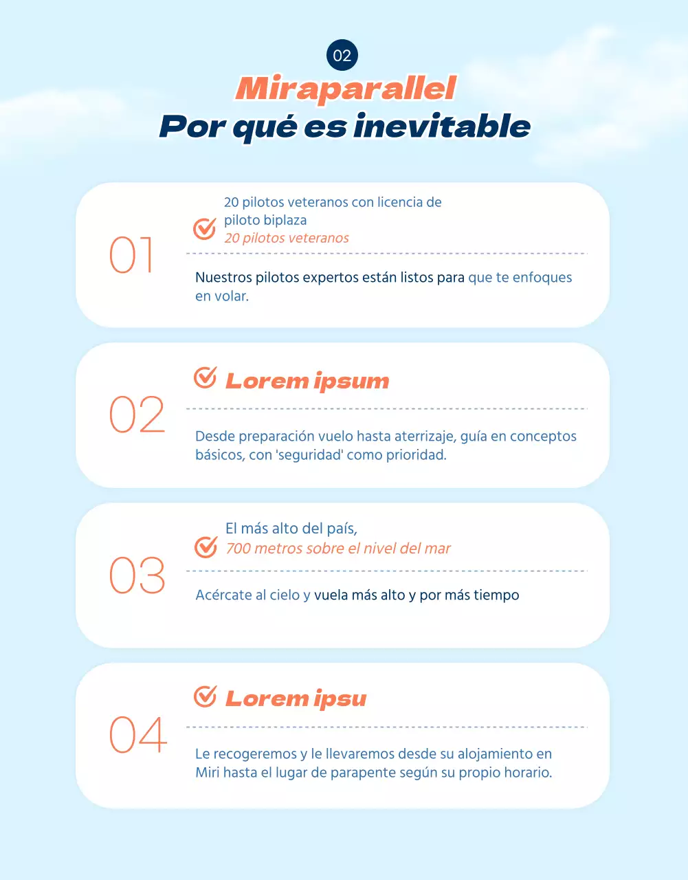 Página de detalles de parapente con acentos naranjas en SkyConcept