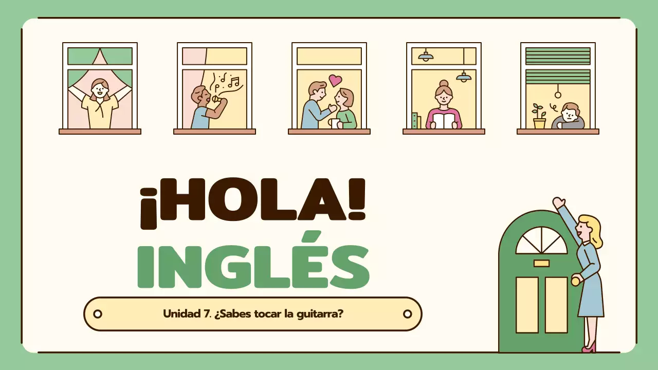 Lecciones de inglés con simpáticas ilustraciones en beige y verde