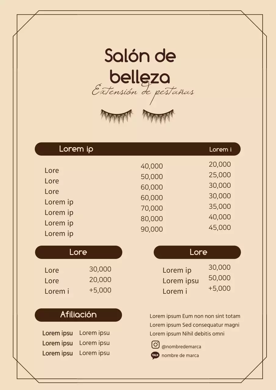 Menú limpio de salón de belleza con ilustraciones marrones