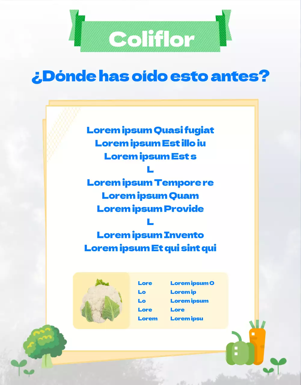 Guía de una granja de coliflores con una simpática ilustración azul y verde