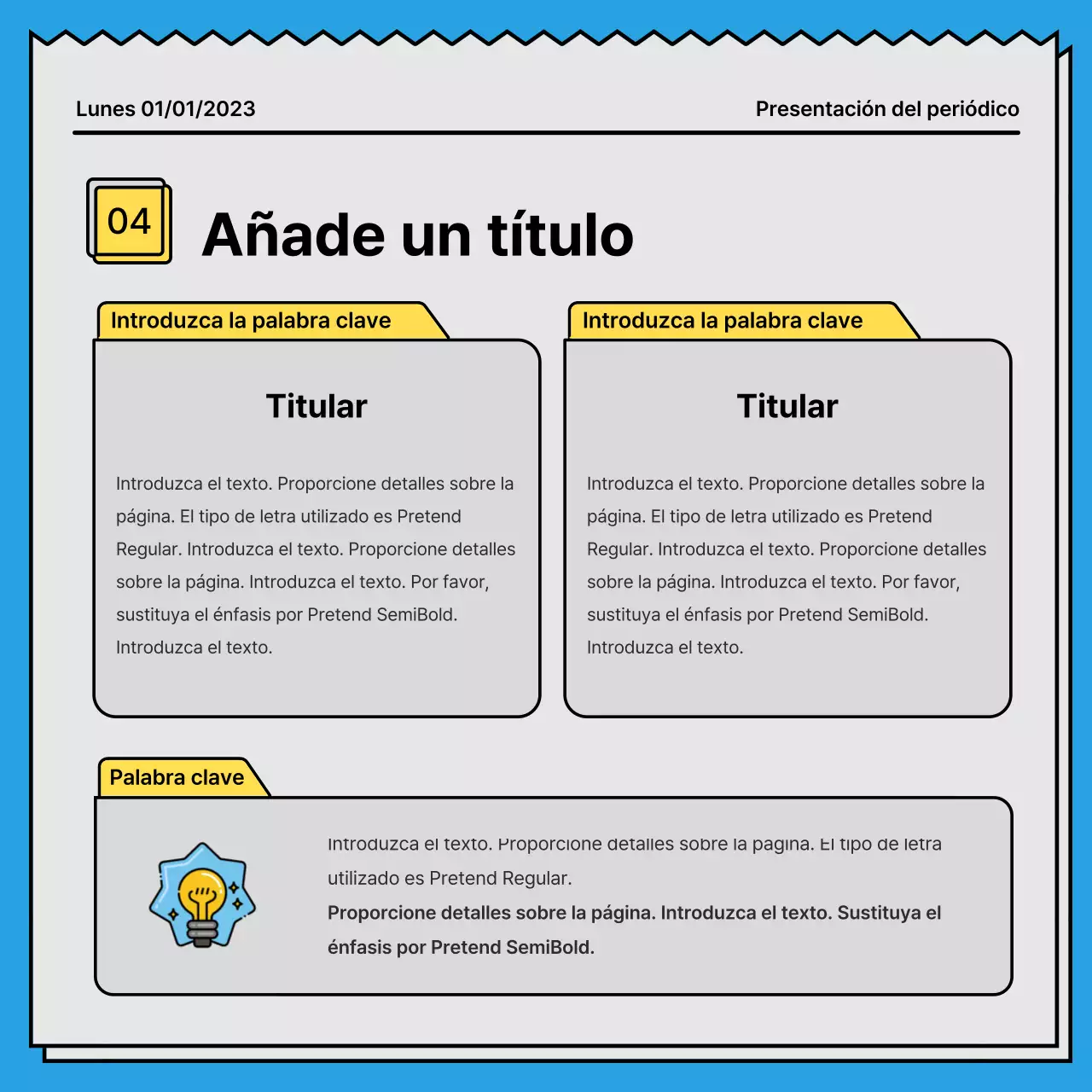 Una tarjeta de noticias audaz y llamativa en un concepto de periódico con acentos en amarillo y azul claro.
