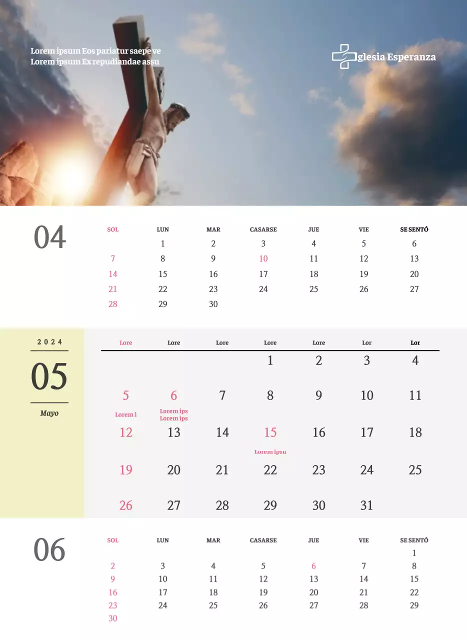 Calendario de pared de iglesia de concepto sencillo en blanco y negro con emotivas fotos religiosas