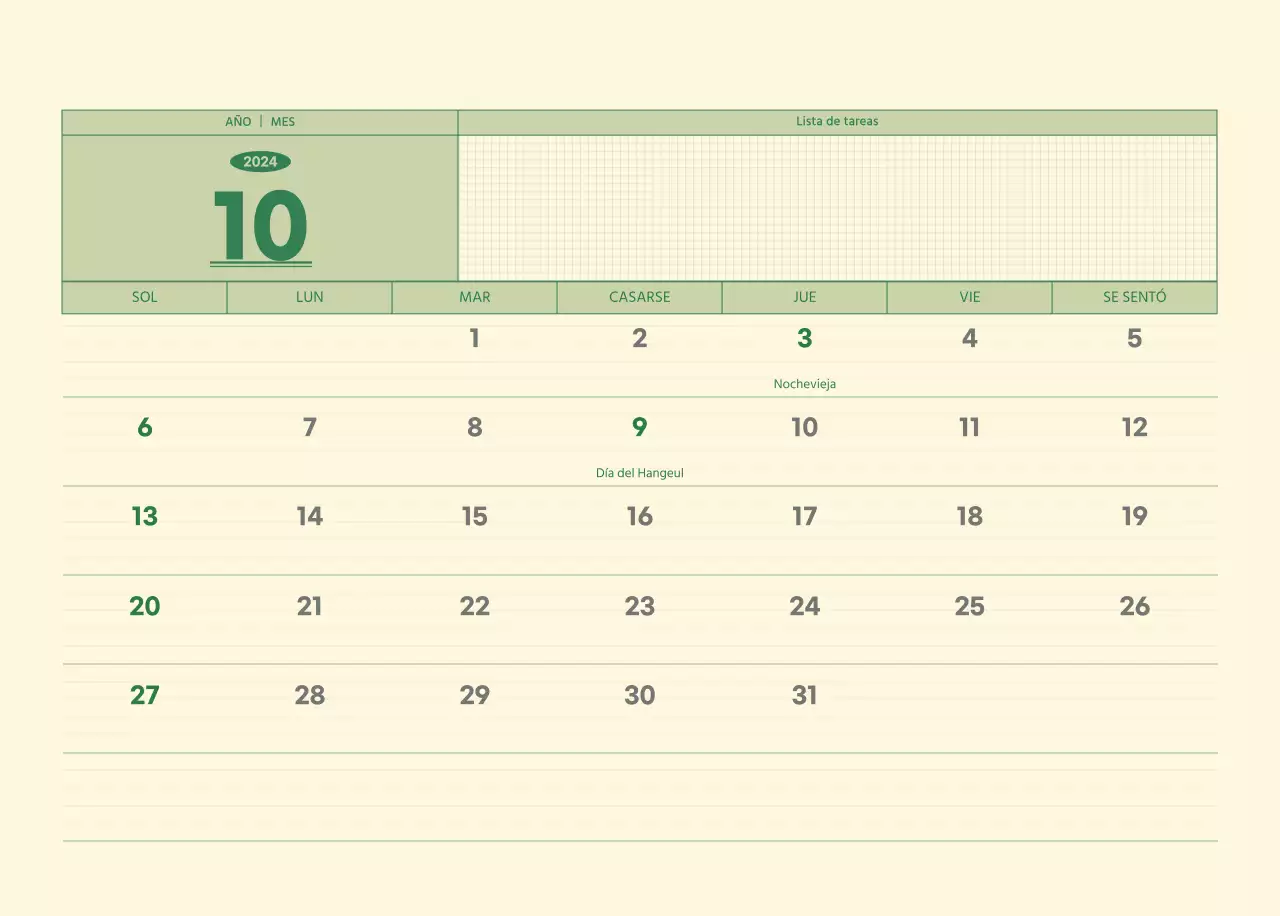 SAT Calendario de pared con concepto de bloc de notas del día D en verde y amarillo claro