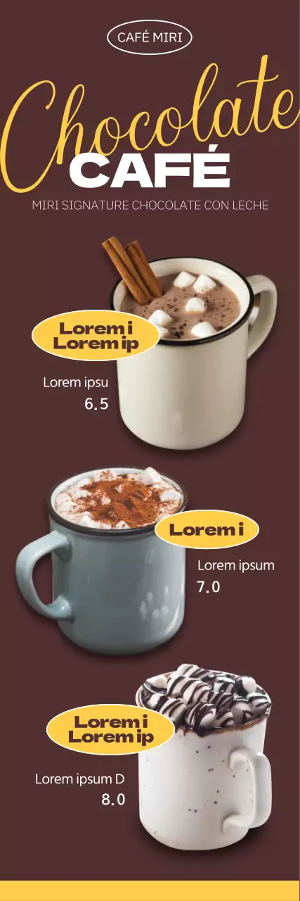 Carta otoñal de bebidas de temporada con fondo marrón cálido, fotos de bebidas de chocolate y letra cursiva inglesa.