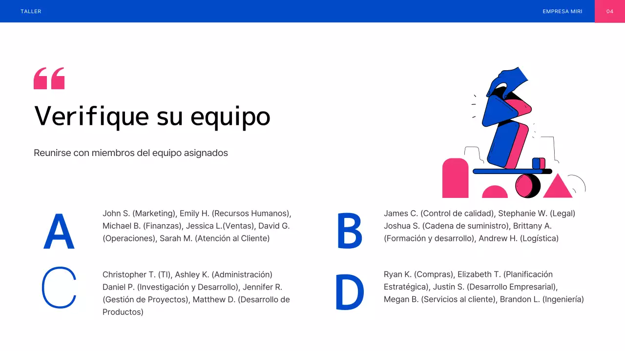 Taller de trabajo en equipo ilustrado en azul y rosa