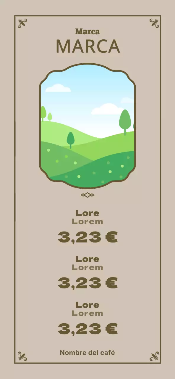 Un lujoso marco en marrón claro y marrón para promocionar un menú de cafetería de concepto sencillo.