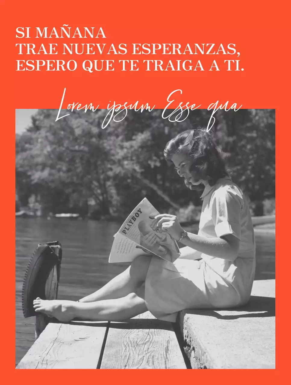 Mercancía sentimental con una foto vintage en blanco y negro de una mujer vestida de naranja.