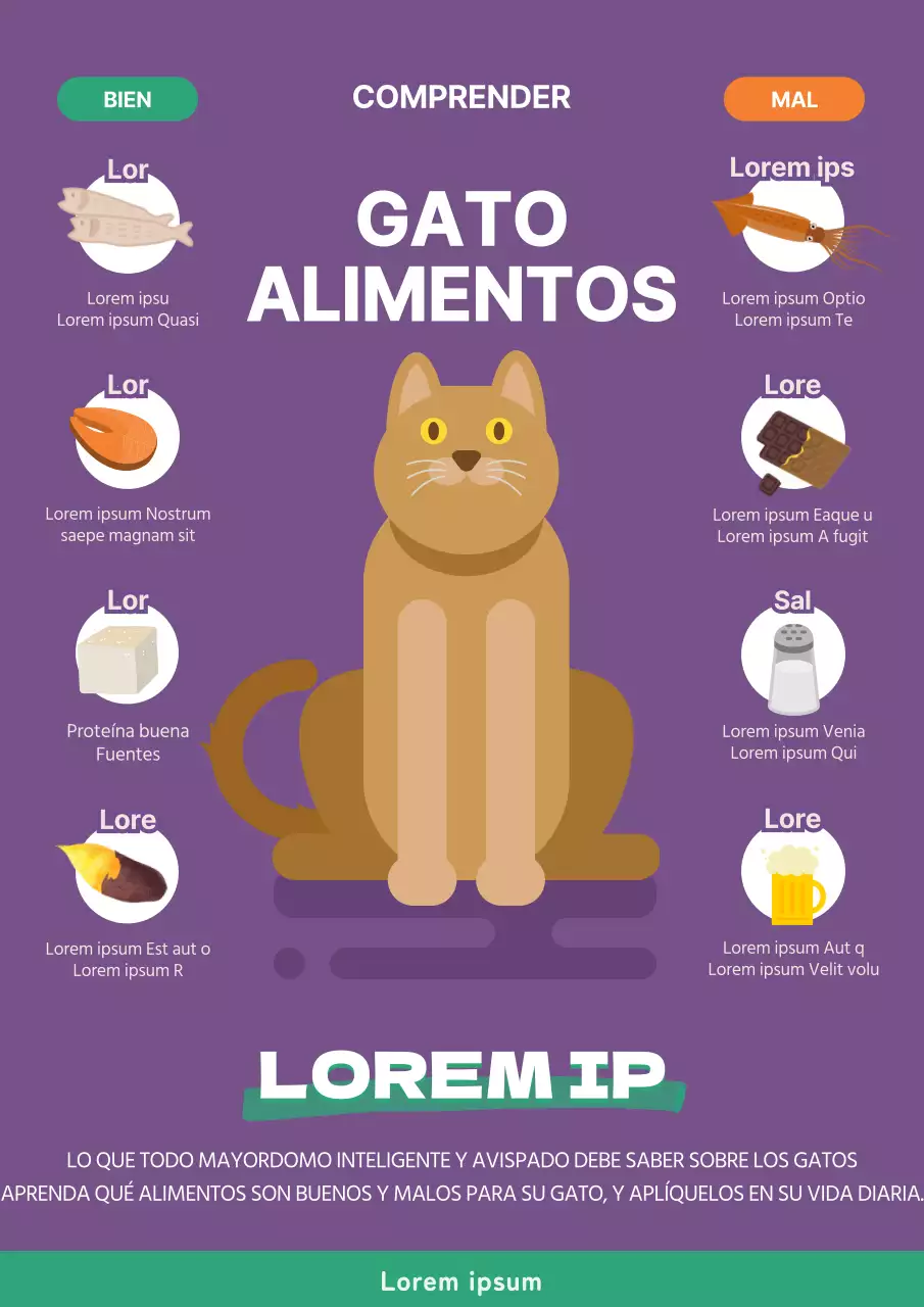 Infografía sobre comida para gatos (mascotas) en morado