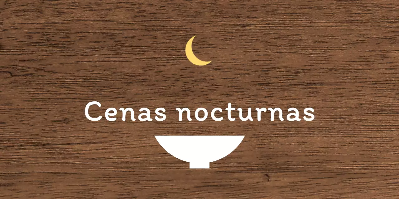 Un sencillo cartel de restaurante nocturno con texto en blanco y amarillo y una ilustración de una luna en forma de cuenco.