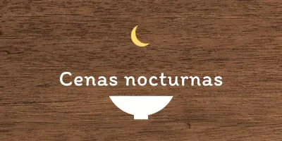 Un sencillo cartel de restaurante nocturno con texto en blanco y amarillo y una ilustración de una luna en forma de cuenco.