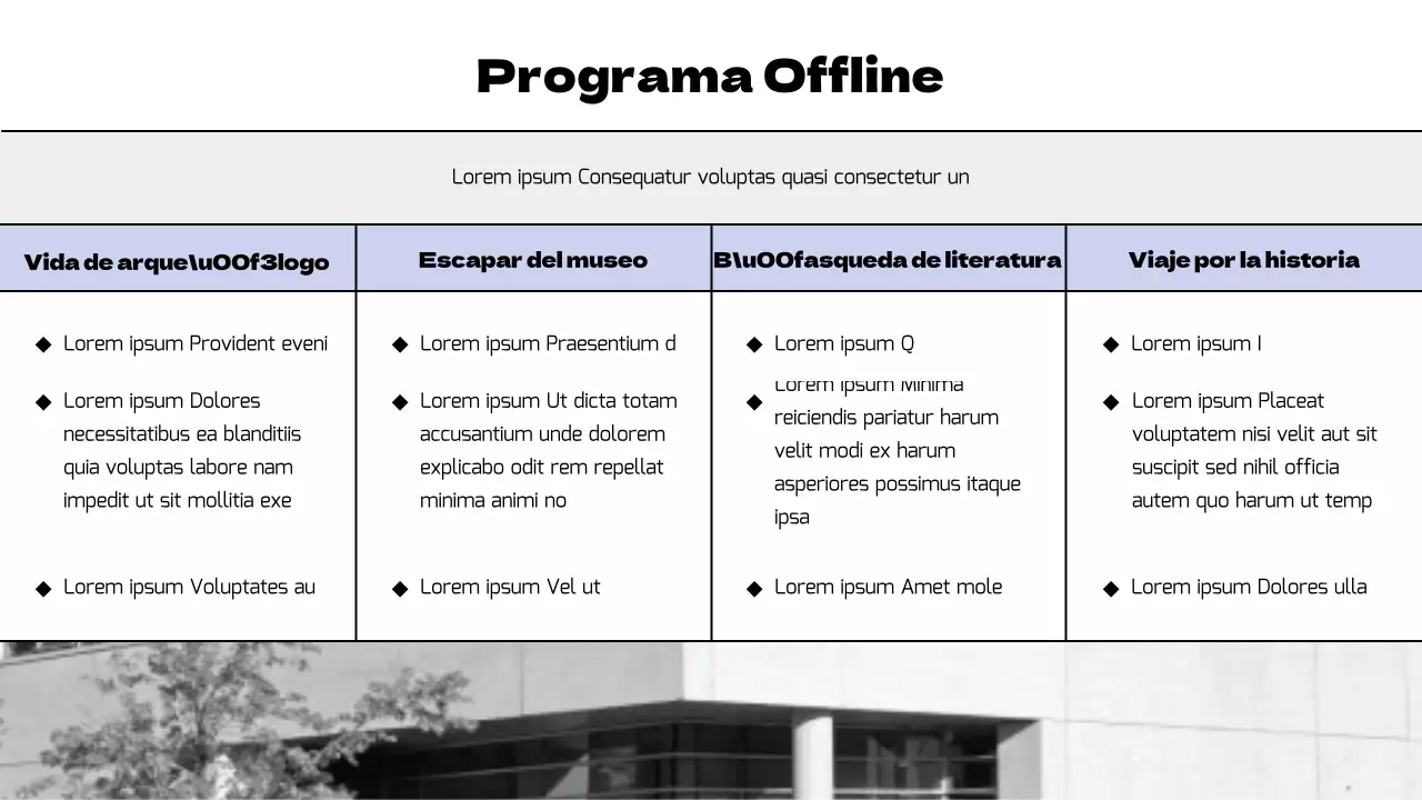 Planificación de un programa museístico moderno en negro y morado
