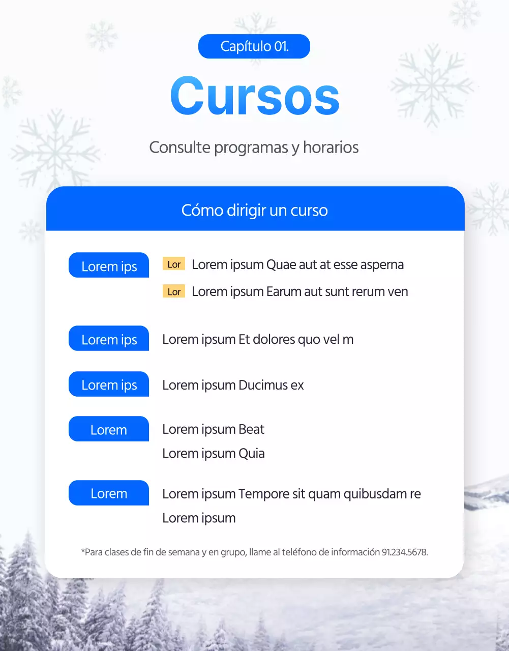 Clases de esquí y snowboard con temática invernal en azul (página detallada)
