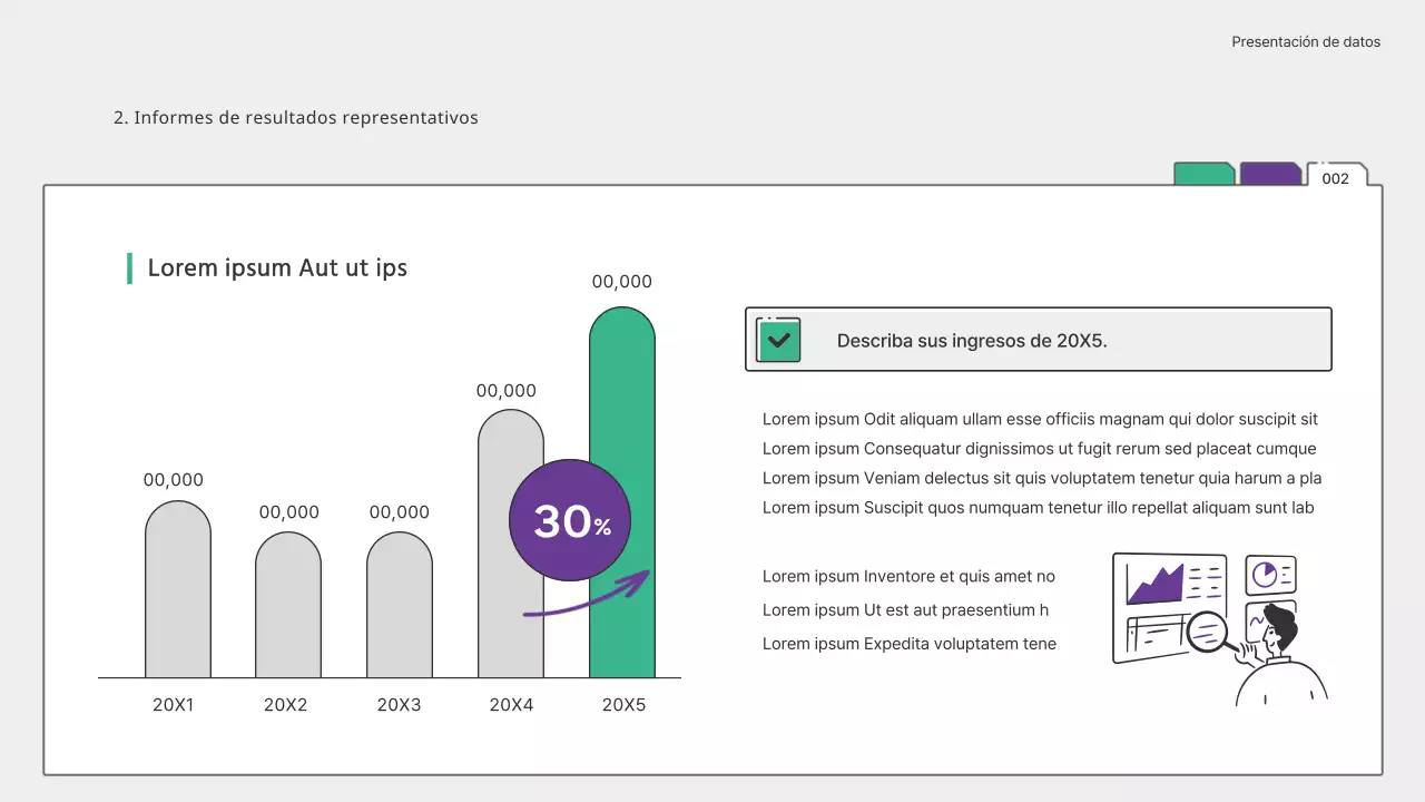 Presentación infográfica y gráficos sencillos en verde y morado
