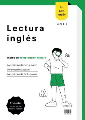 Cubierta verde y amarilla en forma de libro con una bonita y limpia ilustración de un examen de inglés K-12.