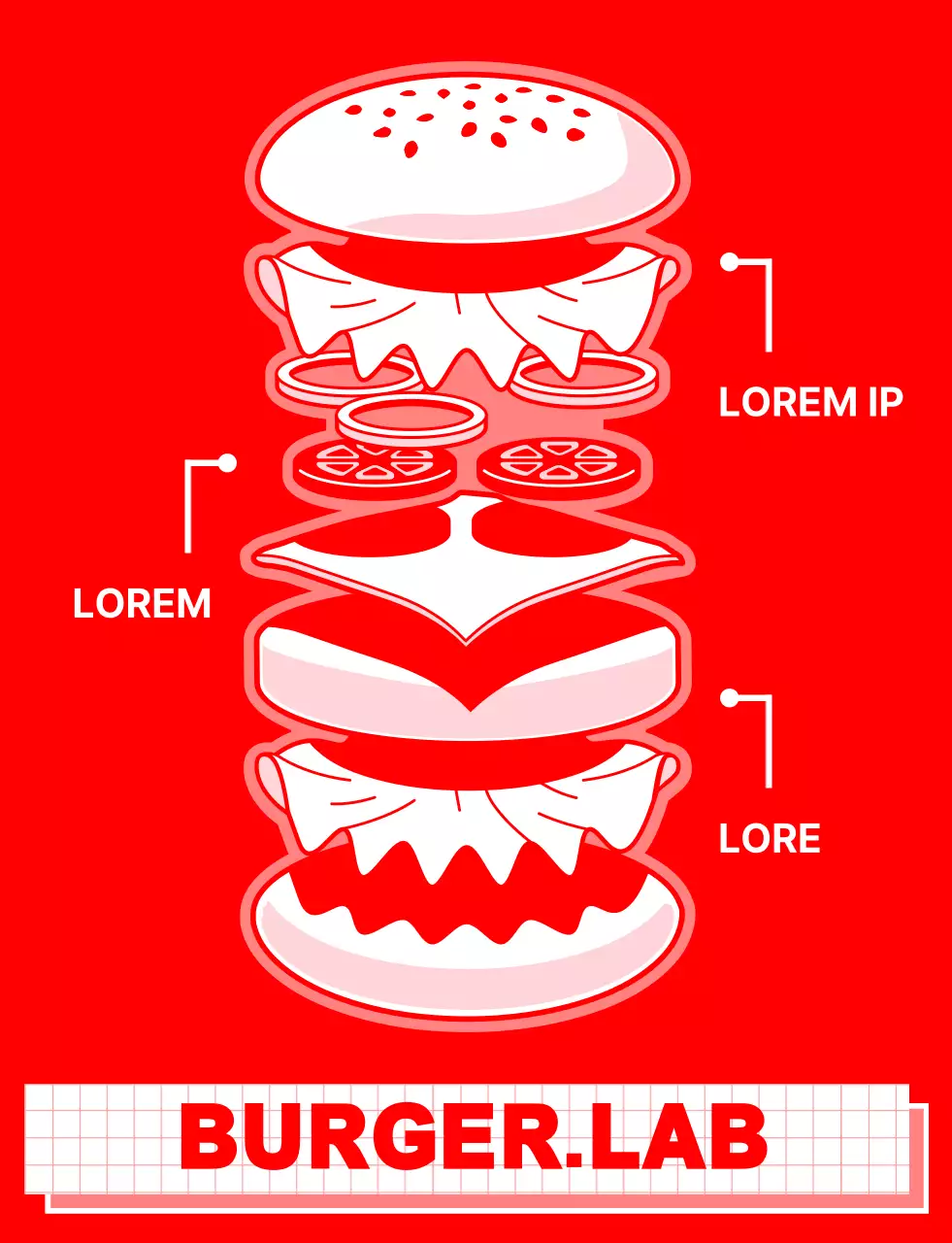 Diseño limpio para una hamburguesería con ilustraciones en rojo y blanco de ingredientes de hamburguesas.