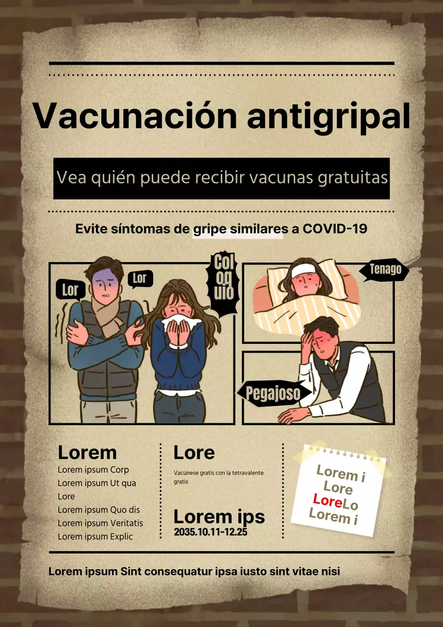 Concepto de dibujos animados hospital guía de vacunación con ladrillo marrón de fondo y textura de papel ilustraciones de personas enfermas