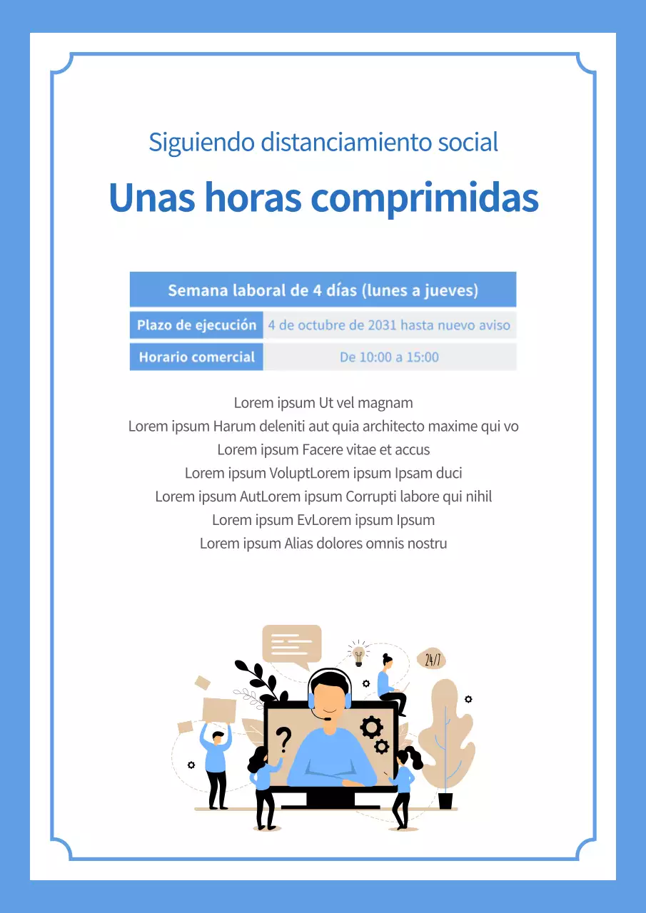 Un anuncio de horario reducido en tonos azules con una elegante ilustración