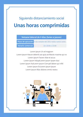 Un anuncio de horario reducido en tonos azules con una elegante ilustración