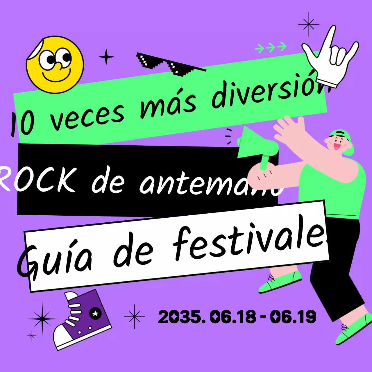 Guía de festivales de verano de bandas de rock con ilustraciones gruesas, simpáticas y únicas en morado y chartreuse fluorescente.