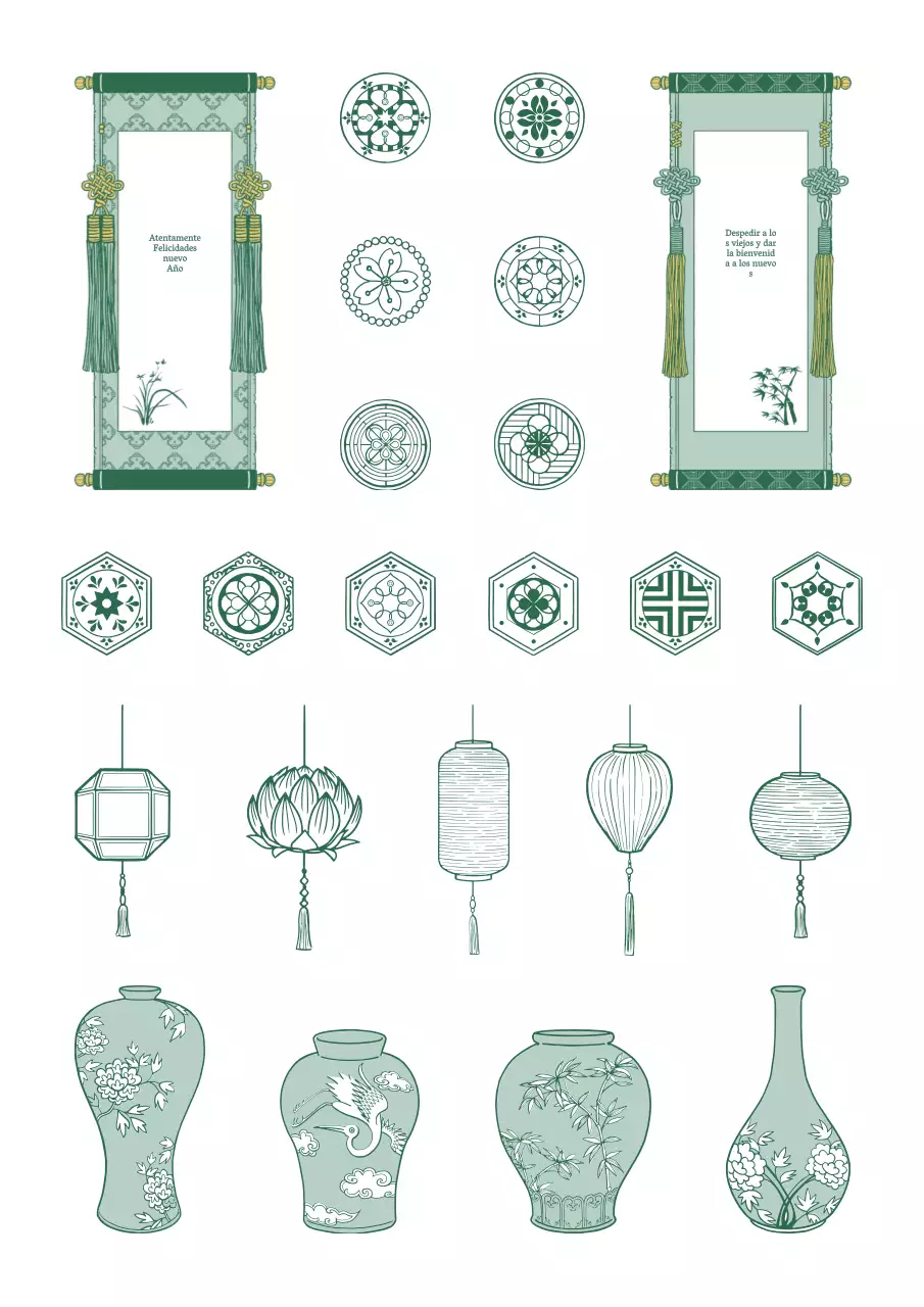 Ilustración conceptual tradicional coreana en verde y blanco