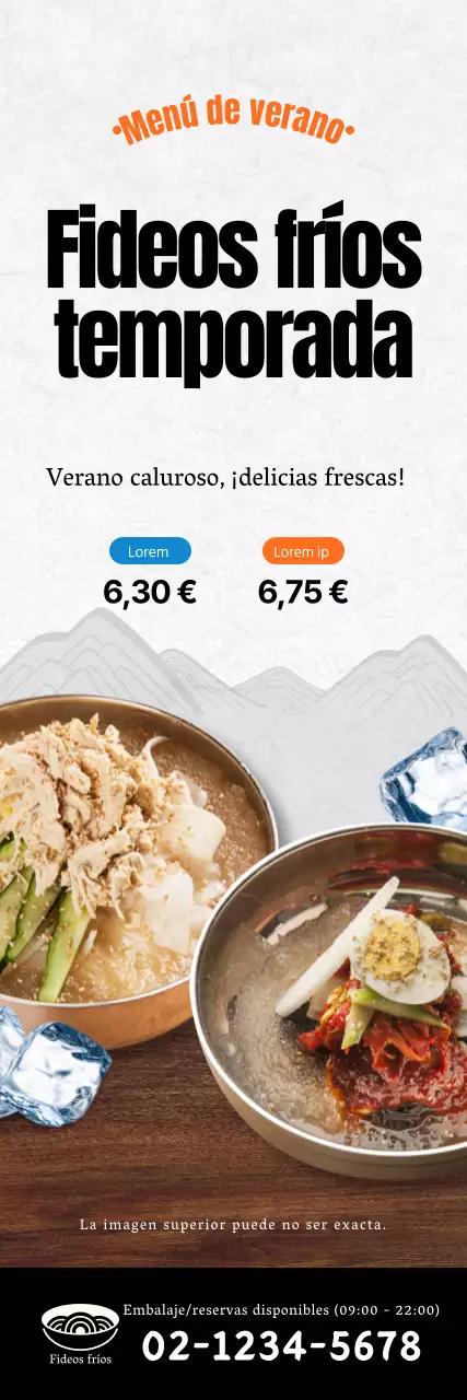 Banner promocionando un menú fresco de verano fideos fríos en marrón y azul