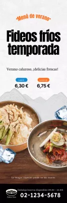 Banner promocionando un menú fresco de verano fideos fríos en marrón y azul