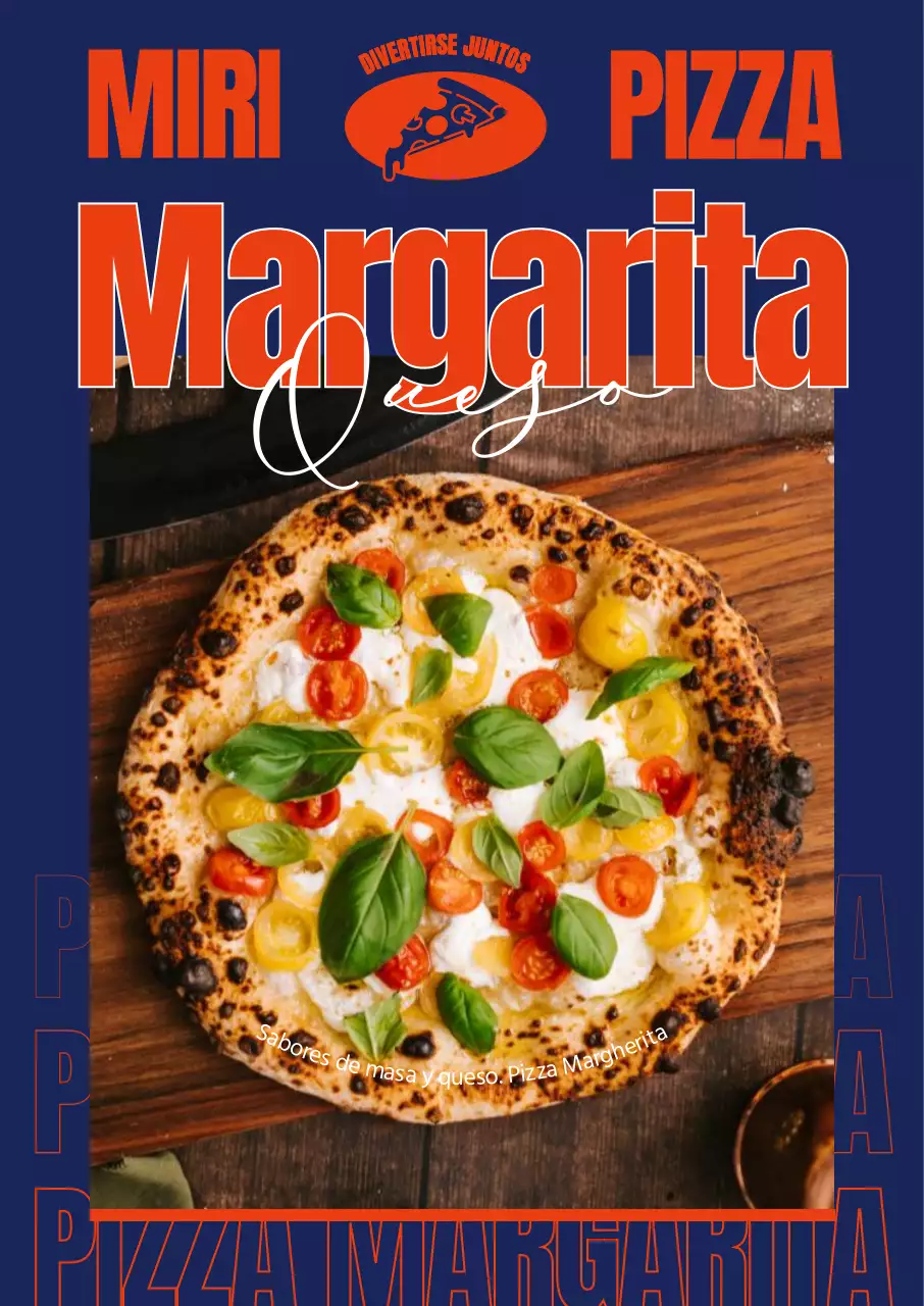 Menú de pizza con un nítido fondo azul marino y un dinámico diseño de letra naranja en negrita