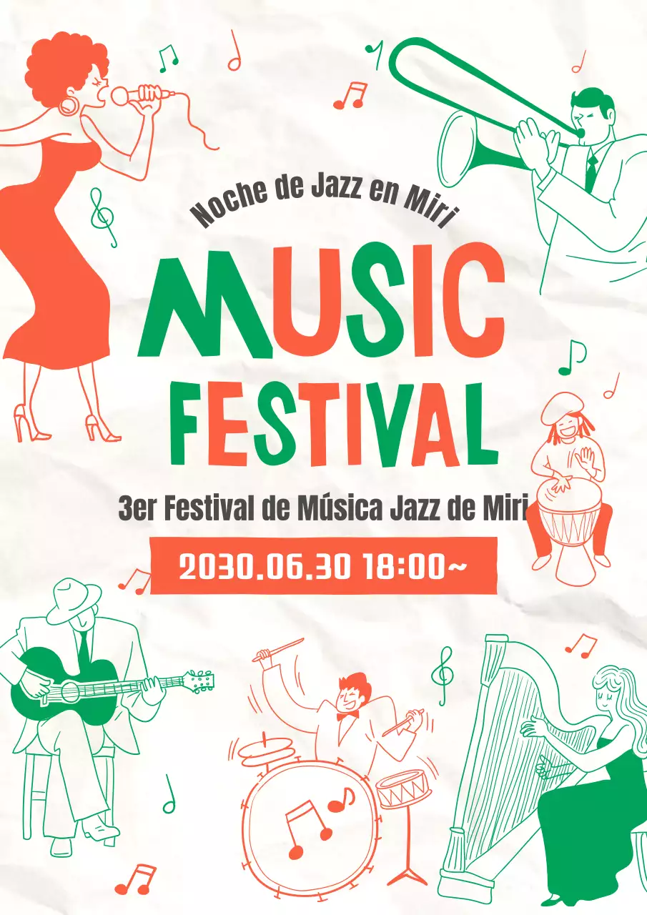 Promoción de un espectáculo de jazz con un toque ilustrativo de color naranja verdoso