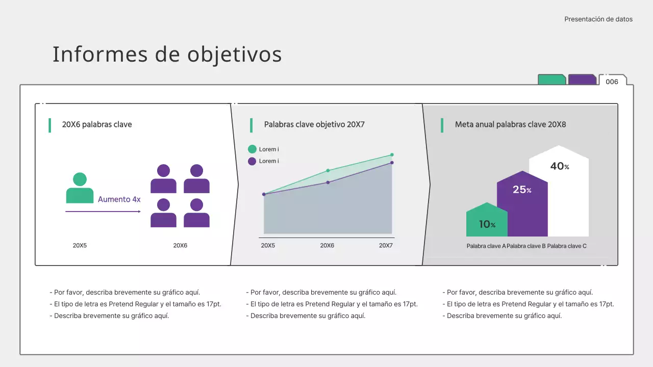 Presentación infográfica y gráficos sencillos en verde y morado