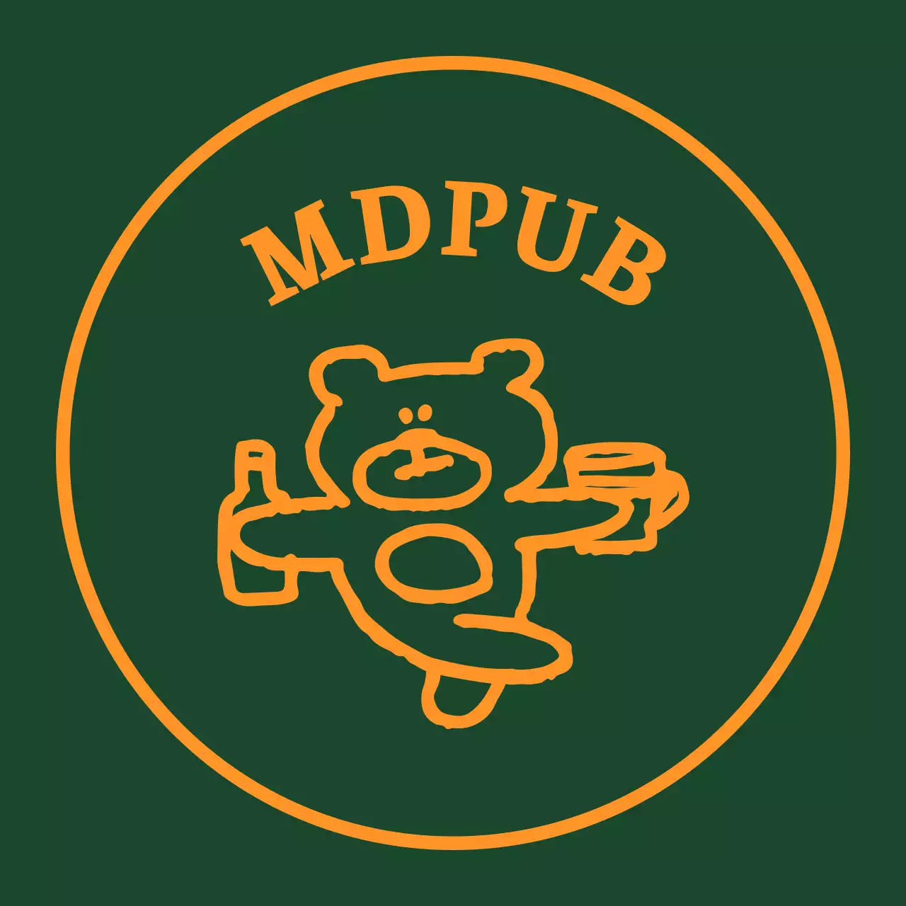 Banderín de pub verde con borde amarillo y un osito de peluche con una botella de licor en la mano